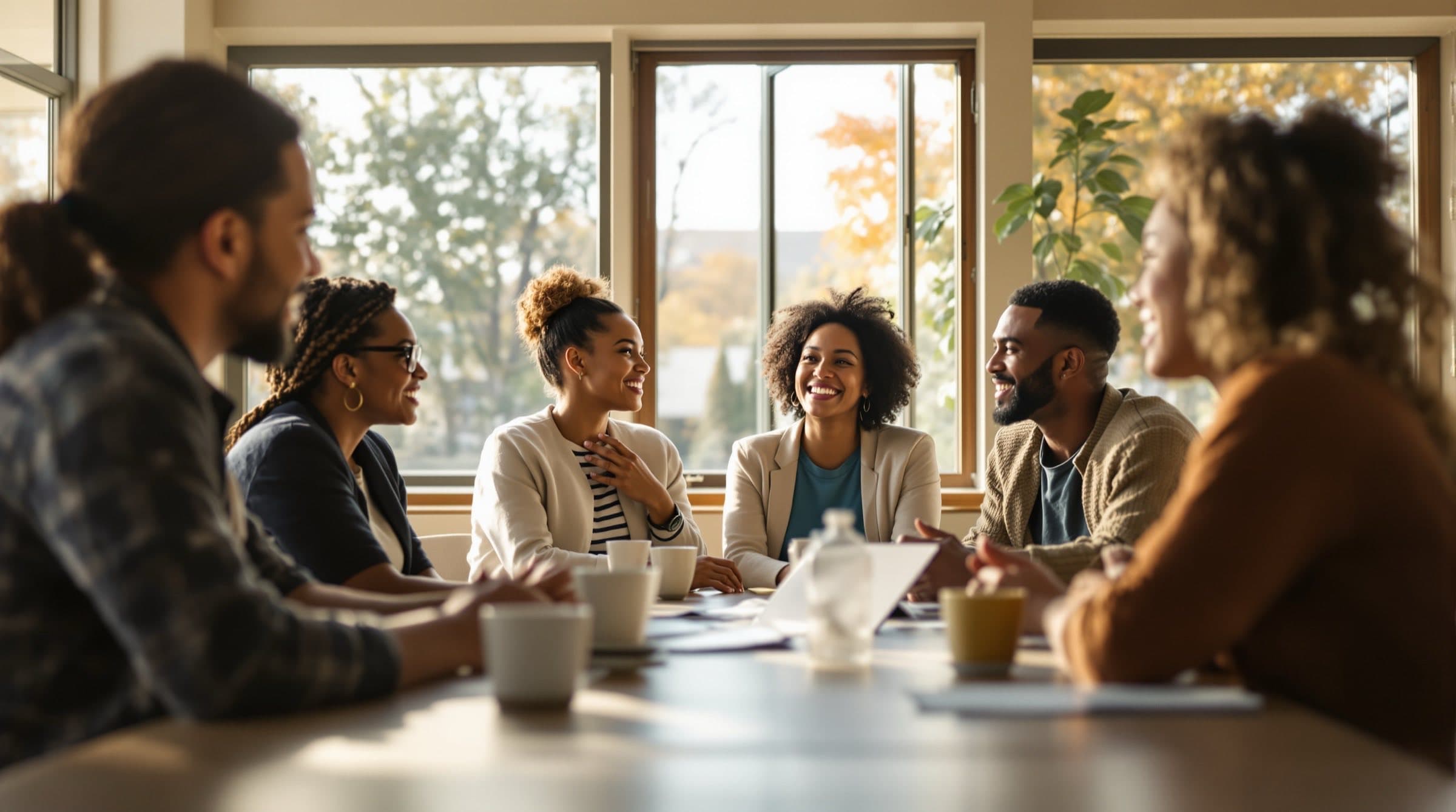 A small group of adults in candid conversation inside a bright, welcoming community space