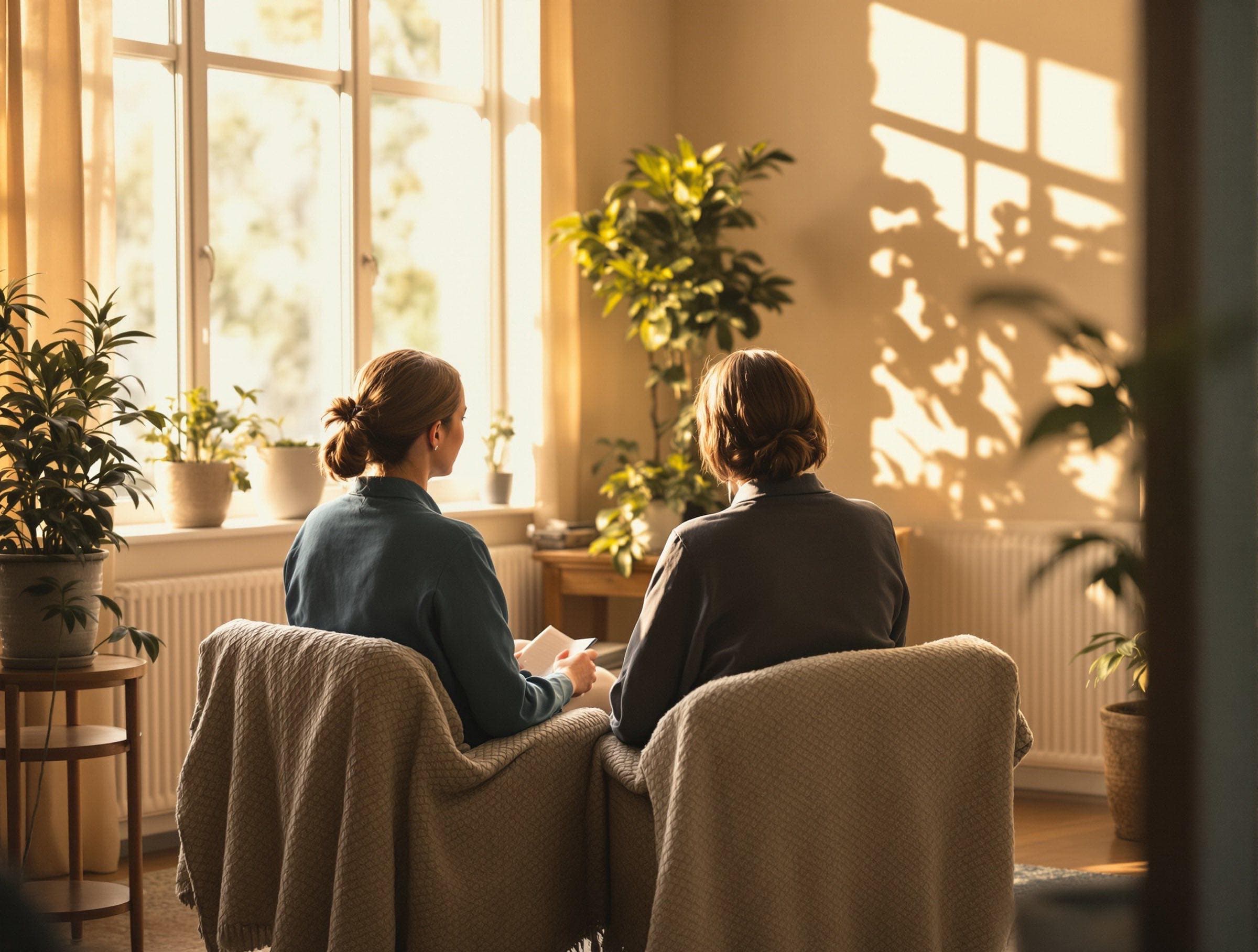Two people seated across from each other in a warm, sunlit therapy room, seen from a respectful distance